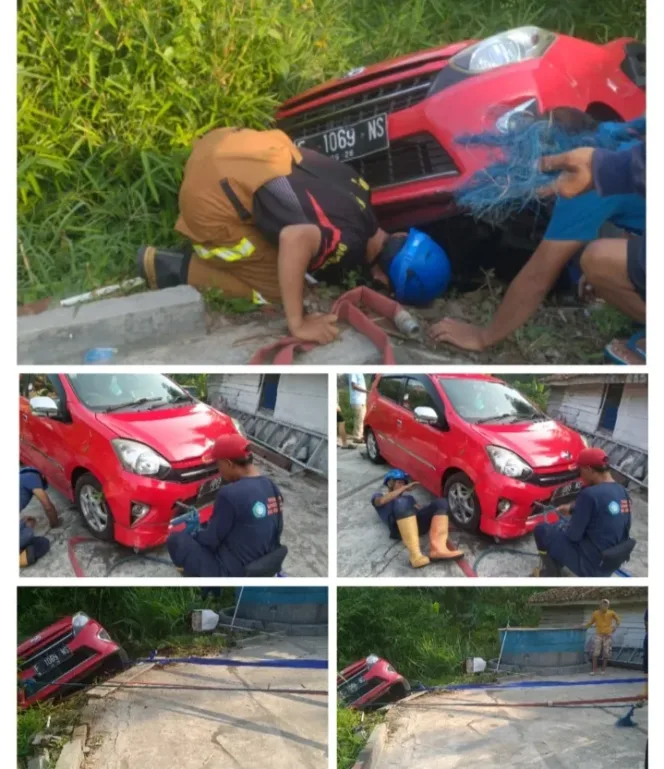 Mobil Terperosok ke Tebing, Damkar Pangatikan Gerak Cepat Lakukan Evakuasi