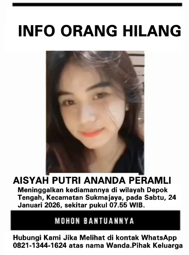 Remaja Perempuan Asal Depok Dilaporkan Hilang, Keluarga Minta Bantuan Warga